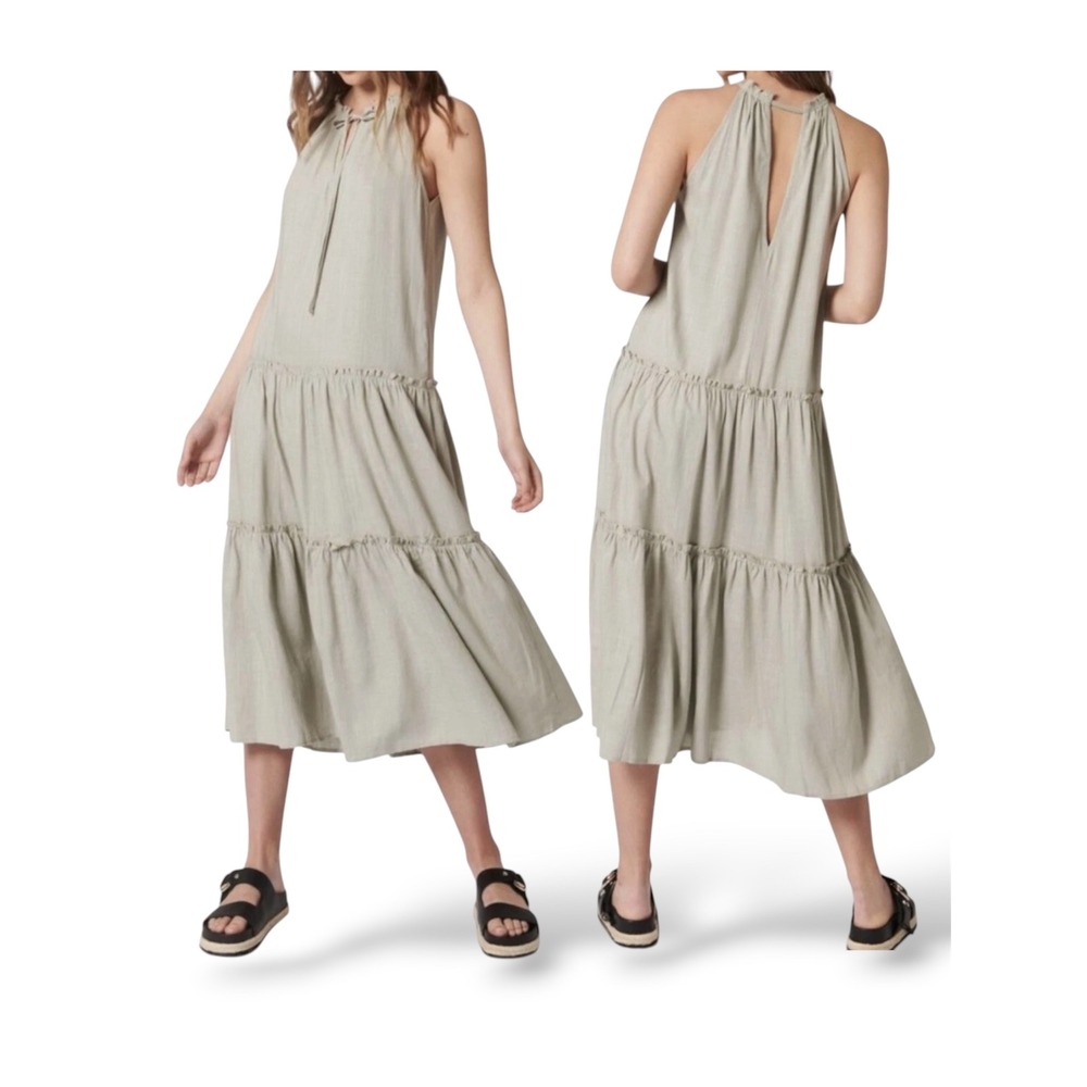 MVN The Label Sage Green Linen Blend Tiered Halter Midi Dress XL US 10